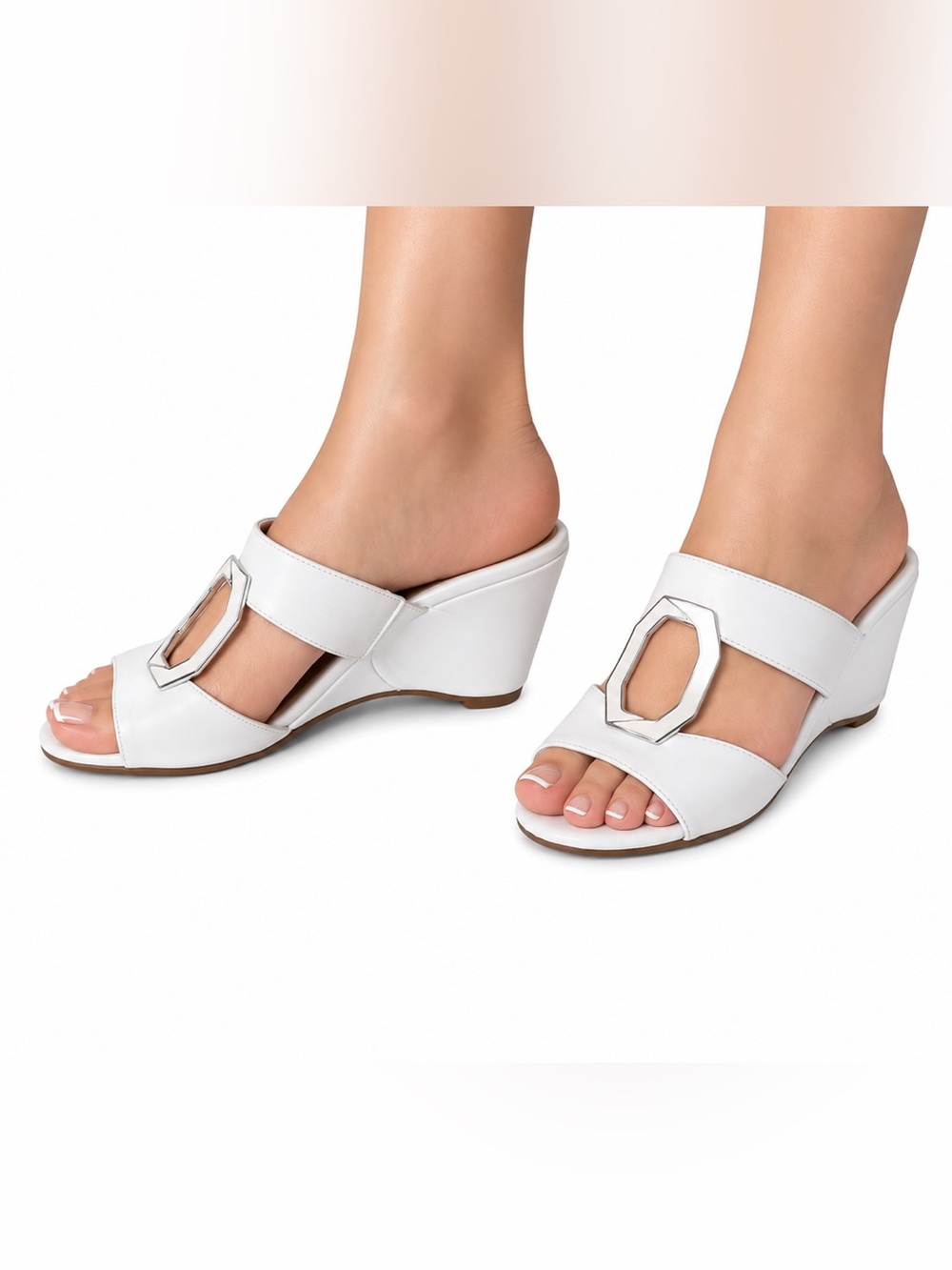NWOB IMPO Vayla White Wedge Slide Sandals Silver Hardware Size 6.5M